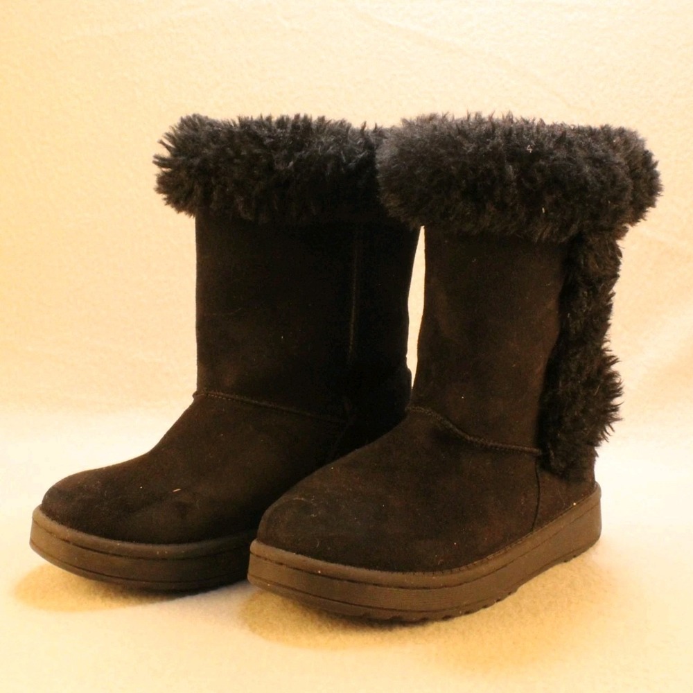 SO Abigail Girls Winter Boots Size 1 Black Faux Fur Cozy Slip On Warm Casual